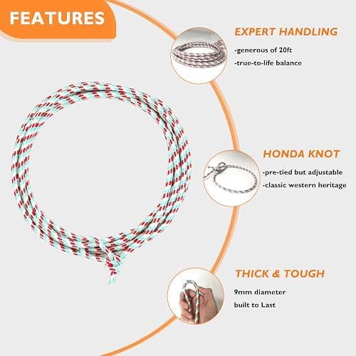 Cowboy Lasso Rope for Kids with Pre-Tied Loop, 20' - 9mm Unwaxed Lariat Roping Rope Toy for Indoor Outdoor Western Play & Costume Prop (Red Light Blue) thumbnail 5