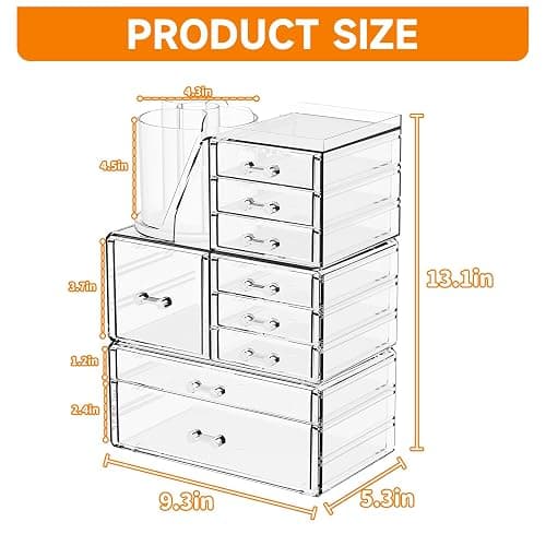 3 Pack Clear Makeup Organizer & Cosmetic Storage Cases for Vanity,Bathroom,Dresser Countertop,Cute Skincare Organizers with Brush Holder & Acrylic Makeup Storage Organizer for Beauty Products,Lipstick - 9 Drawer thumbnail 3