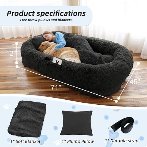 Human Dog Bed, 71''x45''x12'' Size Fits You and Pets, Washable Faux Fur Pet Bed for People Doze Off, Napping Orthopedic Dog Bed, Present Plump Pillow, Blanket, Strap - Black thumbnail 5