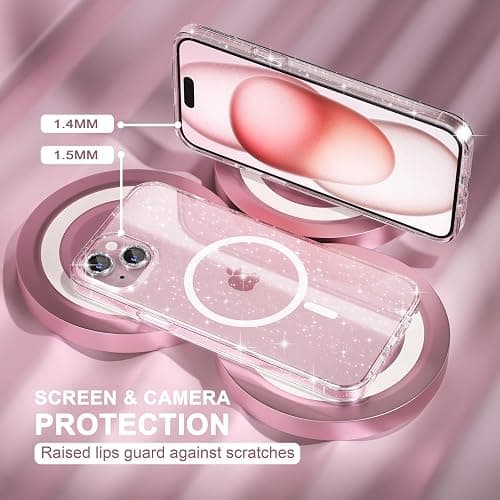 Choiche Compatible for iPhone 15 Case Magnetic, Women Clear Glitter Bling Sparkly Case, [2xDiamond Camera Lens Protectors] [2xTempered Glass Screen Protectors] [Compatible MagSafe] (Glitter Clear) thumbnail 4