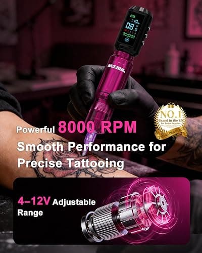 Neebol Wirless Tattoo Gun Kit, 2PCS Batteries Set for Beginners & Artists | Pink dual 1600mAh Tattoo Machine kit 20 Cartridge Needles & 8 Color Inks, Full Tattoo Supplies for Home & Studio practice thumbnail 5