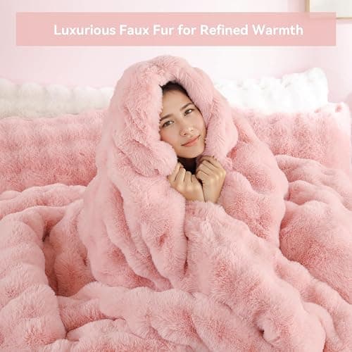 YIKUSH Full Faux Fur Soft Comforter Set, Fluffy Pink Rabbit Fur Comforter | Warm Thick Full Size Bedding Set,Super Fluffy Luxury Pink Comforter for Winter, Easy Care (1 Comforter, 2 Pillowcases) thumbnail 4