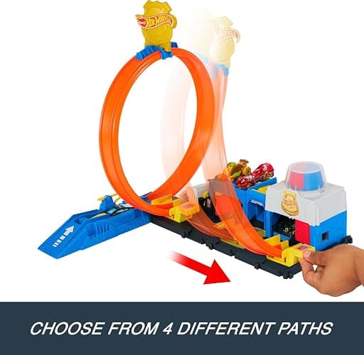 Hot Wheels Toy Car Track Set, Super Police Station Playset with 1:64 Scale Die-Cast Vehicle, Adjustable Loop for Multiple Ways to Race & Stunt thumbnail 5