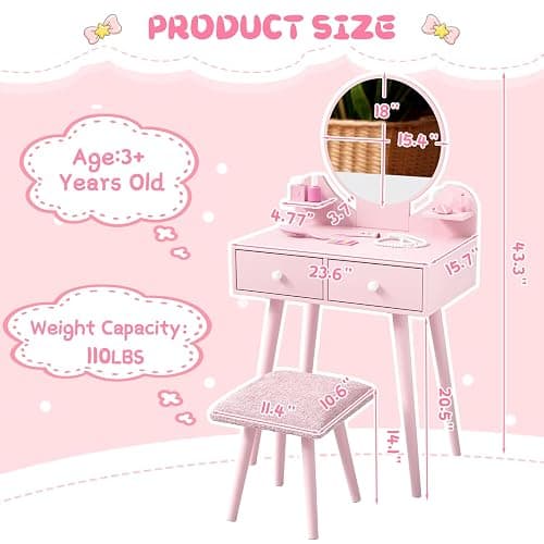 Arlopu Kids Vanity Table and Chair Set, 2 in 1 Toddler Makeup Dressing Desk with Detachable Large Mirror and Stool, Drawers, Princess Wooden Pretend Play Toys for Little Girls (Pink) thumbnail 2