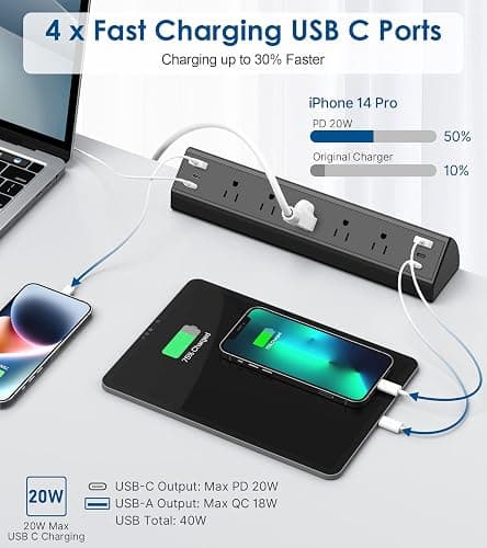 Desk Clamp Power Strip USB C,40W Total Fast Charging Station,4 PD 20W USB C Ports,Desk Edge Mount Power Strip 6 USB Ports 5 AC Outlets Surge Protector,6ft Cord,Fit 1.96" Tabletop Edge - 5 Outlets & 6 USB Ports - Black thumbnail 2