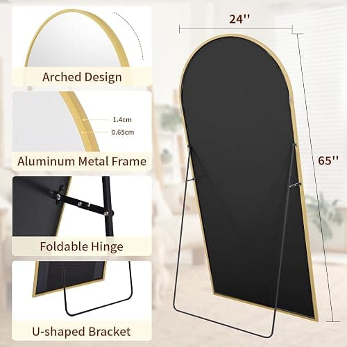 Riskioir 65" x 24" Arch Full Length Mirror - Floor Full Body Mirror with Aluminum Frame - Standing, Leaning or Hanging, for Bedroom, Living Room, Gold thumbnail 2