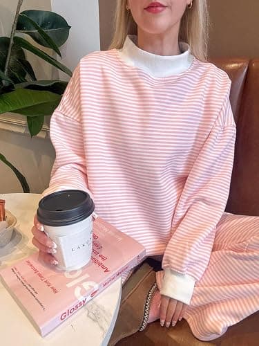 DURUNUL Women Oversized Mockneck Sweatshirt Striped Mock Neck Long Sleeve Pullover Shirt Fall Winter Lounge Tops thumbnail 2