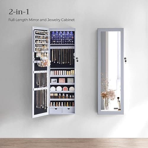 SONGMICS 6 LEDs Mirror Jewelry Cabinet, 47.2-Inch Tall Lockable Wall or Door Mounted Jewelry Armoire Organizer with Mirror, 2 Drawers, 3.9 x 14.6 x 47.2 Inches, Gray UJJC93GY thumbnail 4