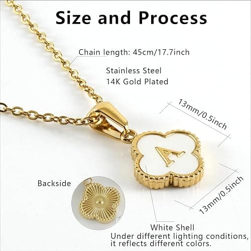 Zocqol 14K Gold Plated Clover Initial Necklaces for Women Trendy: Dainty Stainless Steel Four-Leaf Clover Letter Necklace for Women Non Tarnish Shell Necklace thumbnail 7