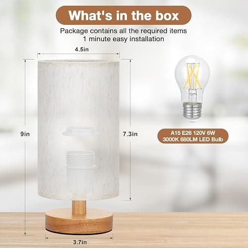 Fenmzee 9" Small Table Lamp for Bedroom - Inline Control with 3000K Bulb | Cream Shade and Wood Base | 680 Lumens | Easy Assembly | Minimalist Design | E26 | for Kitchen | for Kids Room thumbnail 3