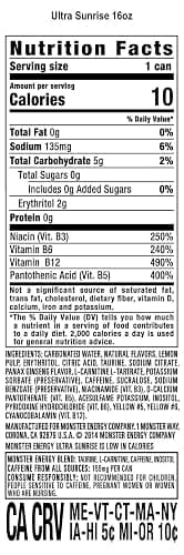Monster Energy Ultra Sunrise, Sugar Free Energy Drink, 16 Ounce (Pack of 12) thumbnail 2