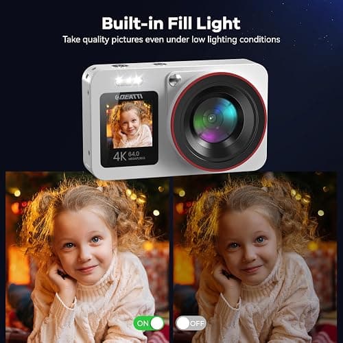 Deatti Digital Camera FHD 4K with Dual Screen 64GB SD Card 2 Batteries,18X Zoom,Anti Shake Portable Rechargeable Camera for Teens Boys Girls Kids,White thumbnail 8