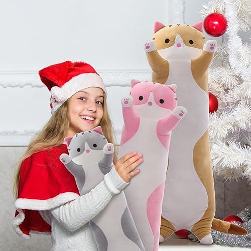 SHINUOER Cute Cat Plush Long Body Pillow – Soft Cartoon Stuffed Animal Doll, Kawaii Cat Plushie Cuddle Toy Gift for Kids, Girls & Girlfriend (Pink, 19.7 Inch) thumbnail 3