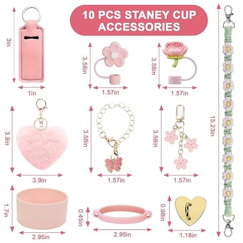 Stanley Cup Accessories Set, 10PCS Stanley Cup Decor Includes Stanley Straw Cover, Water Bottle Handle Strap, Silicone Stanley Cup Boot, Stanley Charms for Stanley Cup Tumbler, Light Pink thumbnail 3