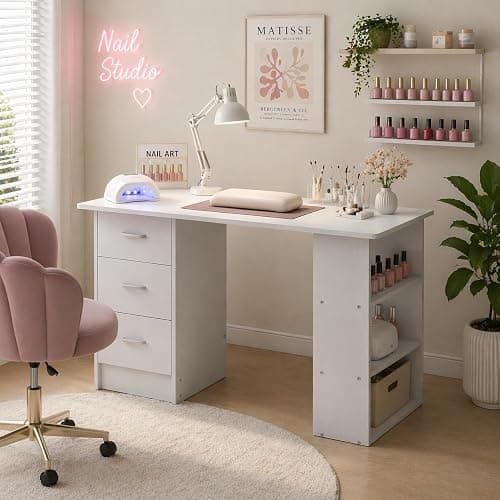 Katalora Nail Desk with Drawers & Shelves, Manicure Table for Home Salon, White Nail Table with Storage, Modern Beauty Workstation (White) - Image 1