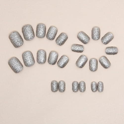 Glitter Press on Nails Square Short Fake Nail Full Cover Sparkly False Nails Acrylic Stick on Nails Reusable Shine Artificial Glue on Nail for Women 24Pcs thumbnail 3