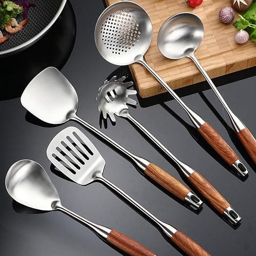 GXONE Cooking Utensils Set,7pcs 304 Stainless Steel Kitchen Utensils Set with Holder,Heat Resistant Wooden Handle Kitchen Tools thumbnail 4