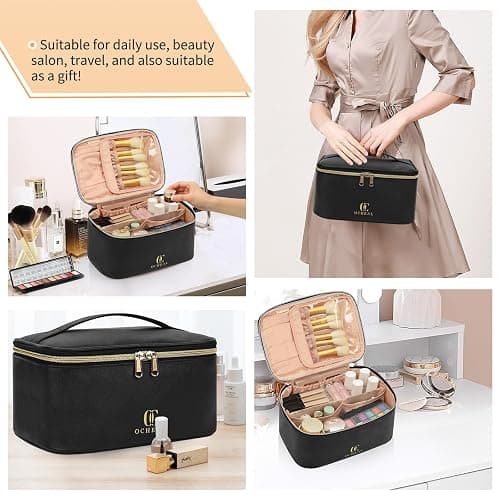 OCHEAL Makeup Bag, Portable Cosmetic Bag, Large Capacity Travel Makeup Case Organizer, Black For Women Toiletry Bag for Girls Traveling With Handle and Divider thumbnail 8