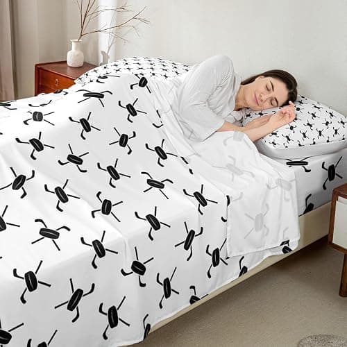 Ice Hockey Kids Sheet Full Size,Winter Ball Sports Games Competition Bedding Set,Girls Boys Adults Room Decor,Simple Modern Fashion Black White Bed Sheet Set 4pcs(Fitted + Flat + 2 Pillowcases) thumbnail 3
