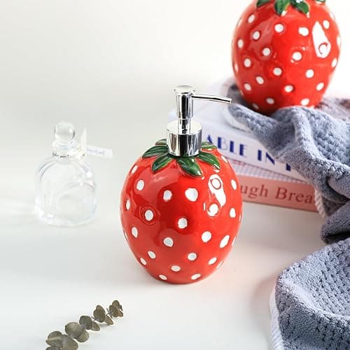 Colias Wing Fruit Shaped Soap Dispenser with Plastic Pump, Refillable Lotion Soap Bottle, Lotion Bottle, Hand Soap Dispenser, Home Decoration-Strawberry - Strawberry thumbnail 7