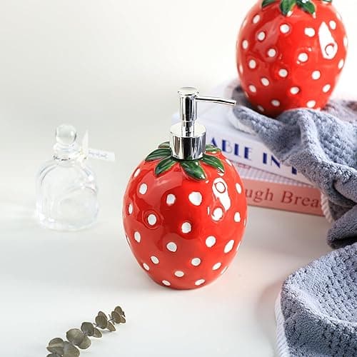 Colias Wing Fruit Shaped Soap Dispenser with Plastic Pump, Refillable Lotion Soap Bottle, Lotion Bottle, Hand Soap Dispenser, Home Decoration-Strawberry - Strawberry thumbnail 7