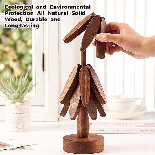 Wooden Tree Coasters, Trivets for Hot Dishes, Trivets for Hot Pots and Pans, Wooden Tree Trivet Set - 3 or 4 Wooden Trivet + 1 Stand, Christmas Coasters (Walnut,4pcs-A) thumbnail 5