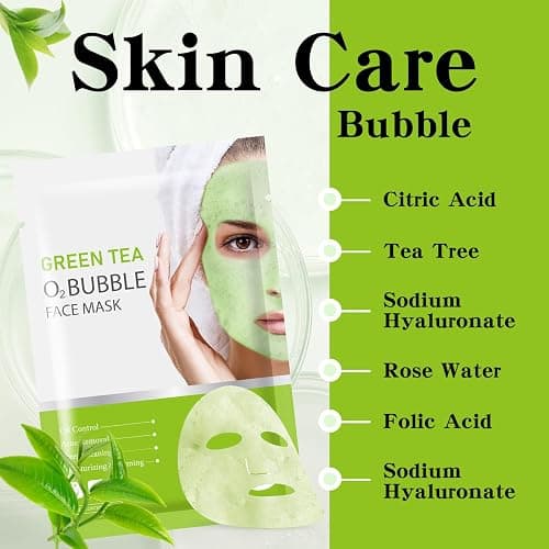 IREV 10 Pack Green Tea O2 Bubble Face Masks Sheet, Bubble Facial Mask, Foaming Face Mask, Purifying Facial Mask for Acne and Pores, Moisturizing Spa Face Masks Skincare, Brightening Beauty Masks thumbnail 4