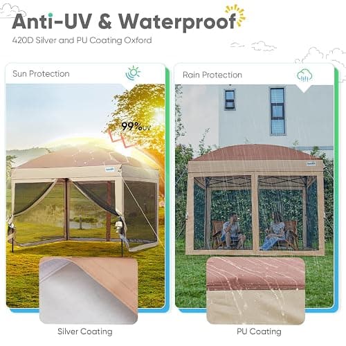 Quictent 10’x10’ Pop up Canopy Tent with Netting, One Person Instant Setup Screen House Room Tent Screened- 2 Magnetic Doors, Waterproof (Khaki) thumbnail 7