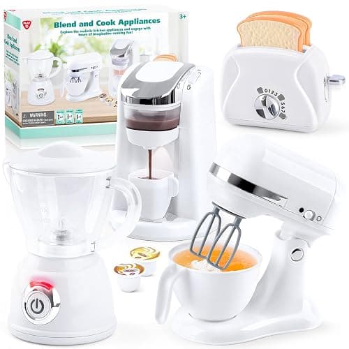 Kids Toy Kitchen Sets, Play Kitchen Accessories for Kids Ages 4-8 3-5, Kitchen Appliance Toys, Blender, Coffee Maker Machine, Mixer, Toaster, Pretend Play Toys for 4 Year Old Girls Toddlers, White - Image 1