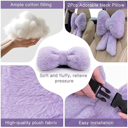 Macarrie 2 Pcs Purple Car Neck Pillow Bow, Plush Solid | Butterfly Bow Car Headrest Pillow, Comfortable Seat Neck Support, Cute Head Rest Accessories, for Women Driver Interior Decor thumbnail 3