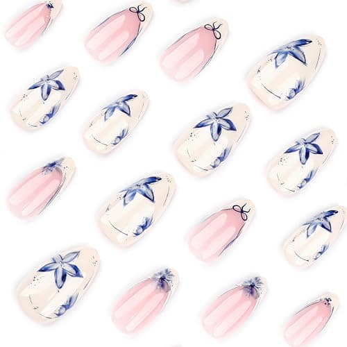 French Short Press On Nails Almond, Nude Fake Nails with Beige French Tip and Graceful Blue Floral Petal Design, Glossy Gel Finish Acrylic Nails, Natural Reusable Glue On Nails Kit for Women, 24 Pcs - 31-Petal Grace thumbnail 4