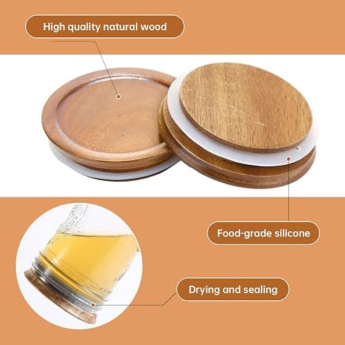 6 Pack Regular Mouth Mason Jar Lids Reusable canning lids Acacia Wooden mason jar Lids with Airtight Silicone Seal, Brown (6PCS Regular Lids) thumbnail 5