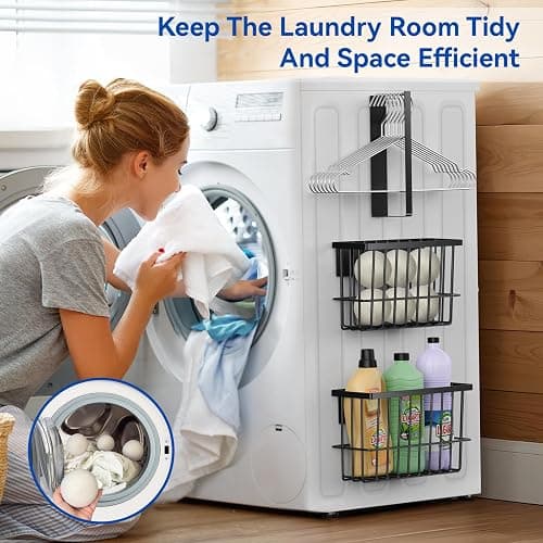 Laundry Room Organization and Storage Magnetic Dryer Ball Holder with Magnetic Hanger Holder, Magnetic Lint Bin for Washer Dryer, Iron Basket Dryer Ball Container, Magnetic Laundry Organizer (Black) thumbnail 5
