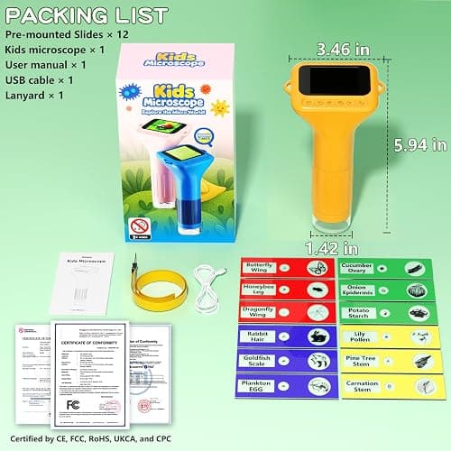 Odatay Microscope for Kids with 12 Slides, Digital Handheld Kids Microscope, Mini Portable Pocket Miniscope Science Toys Gifts for 3+ 4 5 6 7 8 9 10 11 12 Year Old Boys Girls, Orange thumbnail 8