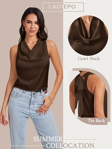 LAOTEPO Cowl Neck Halter Tops for Women Silk Satin Going Out Tank Top Trendy Summer Camisole Business Casual Blouses Outfits thumbnail 3