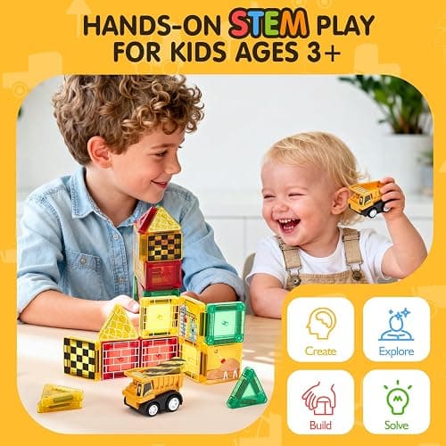 hahaland Mini Magnetic Tiles Travel Construction Toys with Engineering Cars | Magnetic Building Blocks with Vehicles Trucks, Case 2-in-1 Road-Themed Box, Montessori Gifts for 3-6 Year Old Toddler thumbnail 7