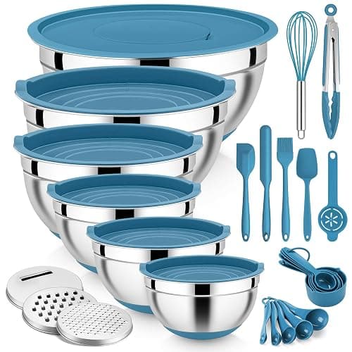 E-far 25PCS Mixing Bowls with Lid Set, Stainless Steel Nesting Prep Bowls with Grater Attachments Non-Slip Bottoms for Cooking, Baking, Serving, Food Storage, 4.6/2.6/2/1.5/1/0.7QT - Blue - Image 1