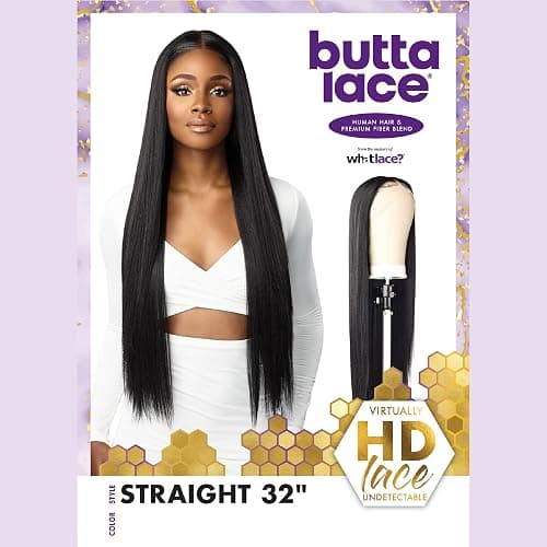 Sensationnel Butta Lace Hhm Wigs - Straight 32 Inch Human Hair Blend Extra Wide 5 Inch Parting Preplucked Hairline Glueless Lacefront (1B OFFBLACK) thumbnail 7