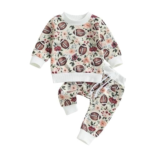 Baby Boy Girl Football Outfit Long Sleeve Crewneck Sweatshirt Pullover Tops and Elastic Pants Set 2PC Outfits - Image 1