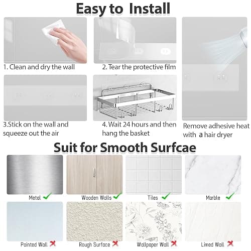 Liuoud 5 Pack Shower Caddy Organizer Rack Shelf for Inside Shower, Self Adhesive Bathroom Wall Storage Basket Rustproof Stainless Steel Large Capacity Shampoo Holder, Silver thumbnail 7