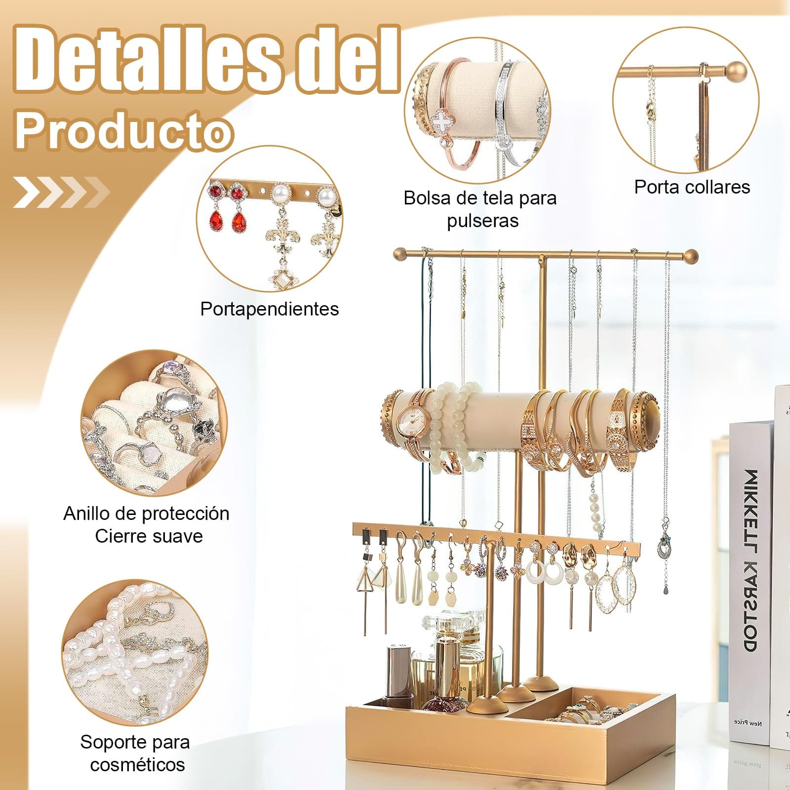 Organizador de Joyas de Metal, Estante de Joyas de 3 Niveles, Soporte para Joyas con en Forma de T para Arete, Pulseras, Relojes, Anillos, Collares, Oro thumbnail 3