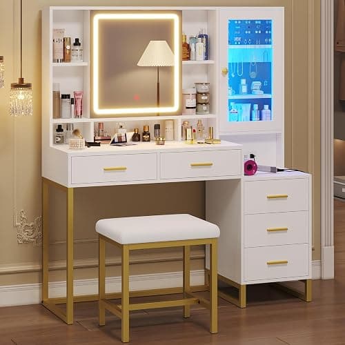 BTHFST Makeup Vanity with Upholstered Stool & Charging Station, Vanity Desk with Mirror and Lights, Vanity Table Set with Jewelry Storage & RGB Lights & 5 Drawers & Shelves, White & Gold thumbnail 9