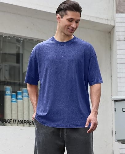 Men's Cotton T-Shirts Oversized Unisex Short Sleeves Casual Loose Wash Solid Basic Tee Tops thumbnail 2