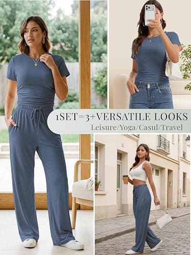 LanGui 2 Piece Sets for Women Summer 2026 Lounge Set Side Ruched Top and Wide Leg Pants for Airport Travel Vacation Outfit thumbnail 8