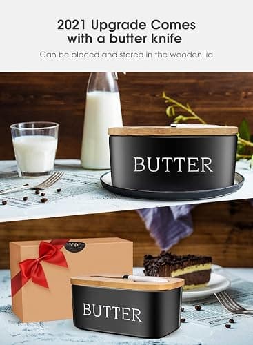 Butter Dish with Lid: Large Butter Dish for Countertop - Ceramic Butter Keeper Container with Knife and High-Quality - Silicone Sealing Butter Box for Home Decor Good Kitchen Gift Black thumbnail 4