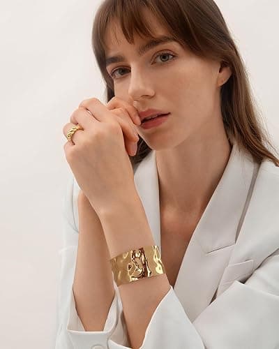 WOWORAMA Hammered Chunky Cuff Bracelets for Women Vintage Boho Wide Bangle Bracelets Irregular Statement Bracelet Thick Arm Cuff Gold Silver Bracelet thumbnail 3
