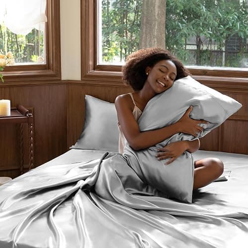 CozyLux Satin Sheets Full Size Sheets - 4 Piece Silky Full Size Bed Sheets, Luxury Light Grey Full Bed Set with Smooth and Soft Microfiber, Includes 1 Fitted Sheet, 1 Flat Sheet and 2 Pillowcases thumbnail 7