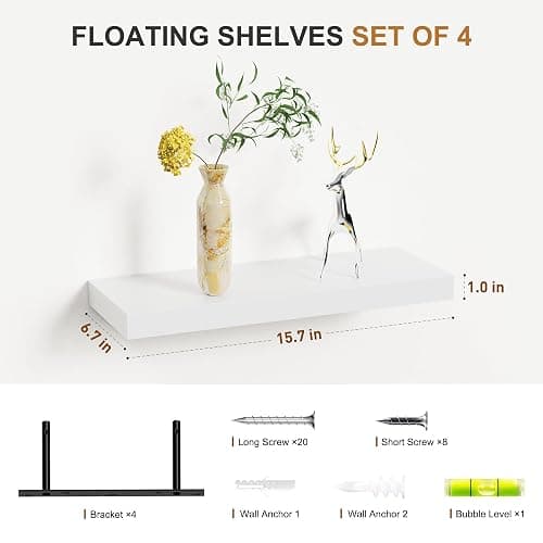 Bellsal Floating Shelves for Wall, White Engineered Wood Wall Shelf Set of 4, 16" Wall Mounted Floating Shelf for Kitchen, Living Room, Bedroom, Bathroom Storage, Book Shelf for Walls Home Decor thumbnail 3