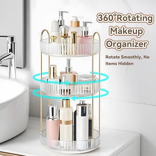 360° Rotating Makeup Organizer for Vanity, 3 Tier Perfume Organizers Skincare Organizers and Storage for Bathroom Countertop, Spinning Cosmetic Organizer for Bedroom Dresser Counter, Clear thumbnail 4