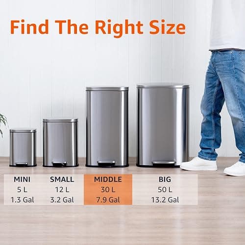 Amazon Basics Smudge Resistant Rectangular Trash Can with Soft-Close Lid, Foot Pedal, Removable Inner Bucket, 30 Liter/7.9 Gallon, Brushed Stainless Steel, Satin Nickel Finish, 13.8"L x 11.8"W x 25"H thumbnail 4